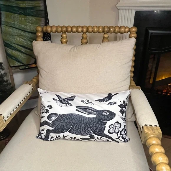 Set of 2 Folk Art Hare Lumbar Pillow Covers, Black & White Woodland, Cottagecore - Picture 4 of 6